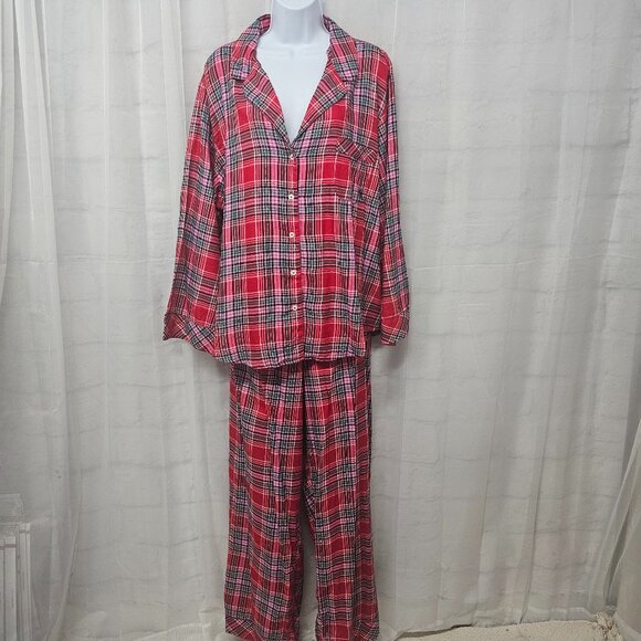 NWT Victoria Secrets Red Pink Plaid Pajama Set Lounge XXL - Picture 1 of 12